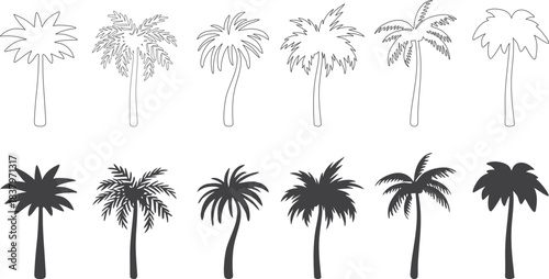 Palm tree silhouette collection showing diverse tropical shapes in clean vector style. Ideal for summer themes, travel graphics, and beach branding. Perfect for logos, prints, and decorative designs.