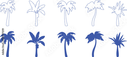 Tropical palm tree silhouette and outline set featuring diverse shapes. Clean vector icons perfect for beach, summer, and exotic design themes. Editable graphic collection ideal for branding 