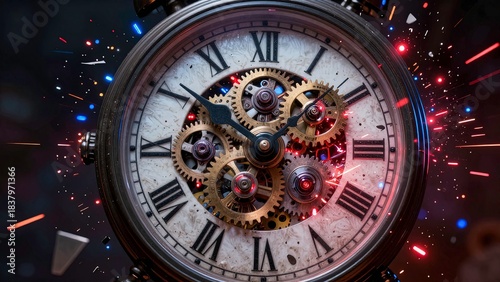 Wallpaper Mural close-up of a mechanical clock exploding into fragments with gears shards and glowing Torontodigital.ca