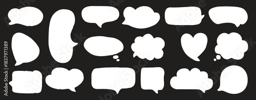 Hand-drawn speech bubble shapes set in bold white silhouettes on dark background. Comic-style dialogue clouds perfect for stickers, posters, and graphic design. Versatile editable collection 