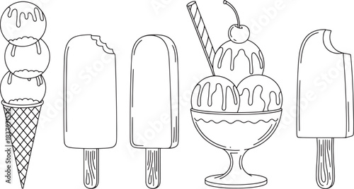 Minimalist line drawing of assorted ice cream treats on white background popsicle cone