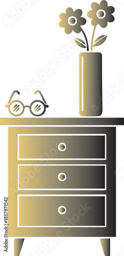 Black silhouette of a nightstand with drawers and flowers in a vase