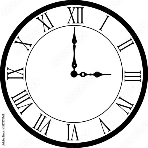 Classic black vector illustration of an antique clock face with bold Roman numerals, showing three o'clock.