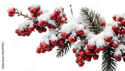 Bright red winter berries and evergreen pine branch heavily dusted with fresh white snow