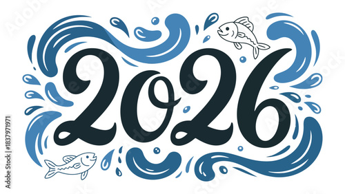 The Year 2026: An artful illustration of the number 2026, artfully woven into a flowing design of ocean waves, adorned with playful fish.