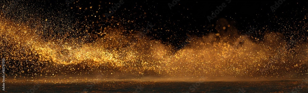 Fototapeta premium Abstract explosion of golden particles against a black background, with a blurry golden dust