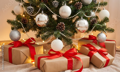 Christmas tree with gifts wrapped in brown paper and red ribbons. IA Generate