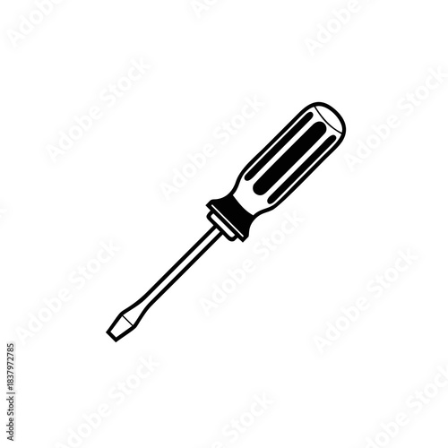 Black and white line art illustration of a flathead screwdriver, a common hand tool for turning screws.