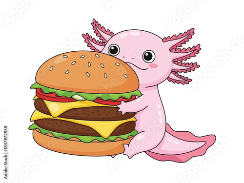 A cute pink axolotl character hugging a giant cheeseburger with two patties and lots of toppings.
