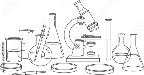 Minimalist line drawing of scientific laboratory equipment and tools science microscope
