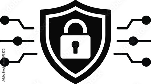 Cyber security shield with lock vector icon, data protection and privacy concept, black solid flat silhouette.