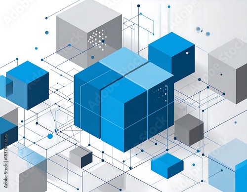 Abstract geometric composition featuring interconnected blue and gray 3D cube shapes, points, lines on a white background