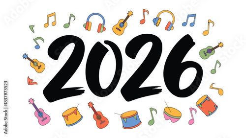 Music Year 2026 Celebration: Capturing the vibrant spirit of a new year. The design features a colorful array of musical notes, headphones, guitars, and drums, all set against a clean backdrop.