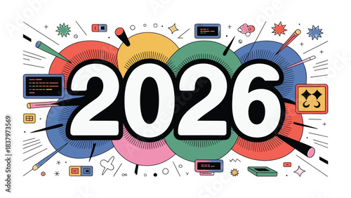 2026: A bold display of the year 2026, emblazoned against a vibrant backdrop of dynamic shapes and colors, represents the future.