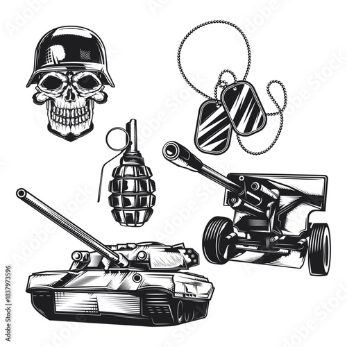 Military weapon and soldier gear icons set on white background isolated on white background, Vector