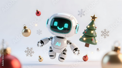 An adorable, smiling robot floating amidst festive Christmas symbols like baubles, snowflakes, and a miniature Christmas tree.
