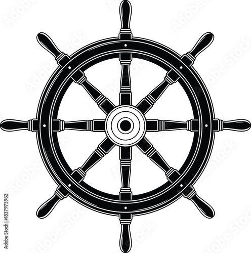 Black and White Silhouette Vector Illustration of a Nautical Ship's Wheel or Helm, Classic Maritime Symbol for Sailing and Navigation Concept.