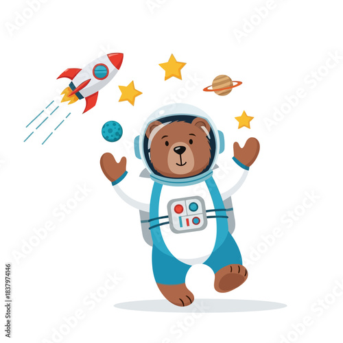 Cute Bear Astronaut Juggling Planets and Stars in Space.