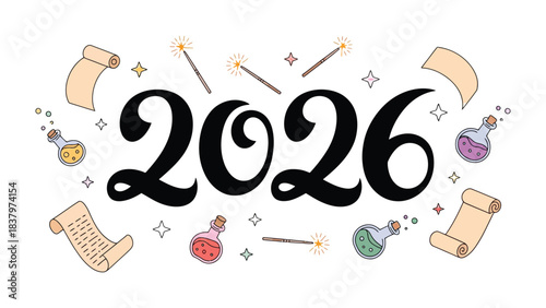 Enchanting 2026: A whimsical design for the new year, blending elements of magic and anticipation to spark the imagination. 