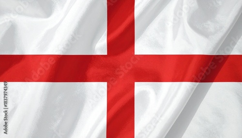 England flag with red Saint George’s cross on white fabric background, realistic folds and shadows evoke national identity, cultural heritage, and symbolic representation in sporting and historical co