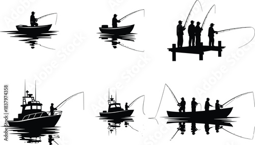 Collection of Fishing Silhouettes, Vector Art Set Showing Fishermen Angling from Small Boats, Yacht, and Wooden Dock with Water Reflection.