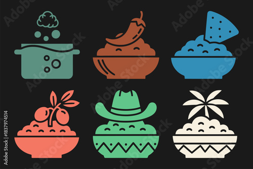 Bean Dip Icon Set Solid filled icon set of bean dip regional varieties Mexican Southwestern Mediterranean