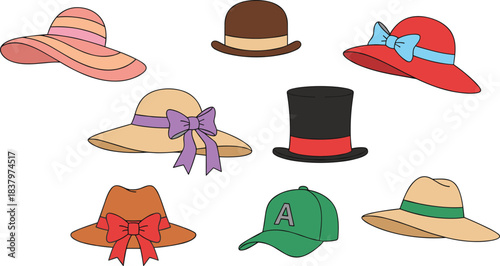 "Diverse collection of fashionable headwear, featuring sun hats, elegant bonnets, classic top hat, bowler, fedora, and a modern baseball cap, for fashion, style