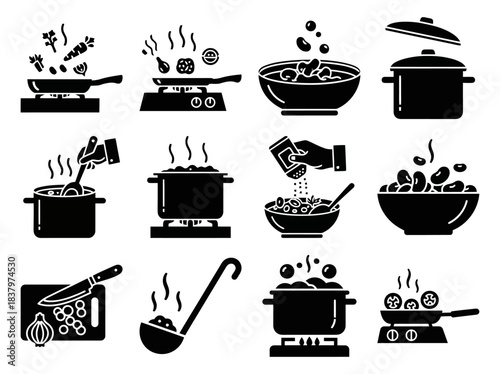 Bean Stew Icons Solid filled icon set of bean stew preparation steps soaking beans chopping vegetables