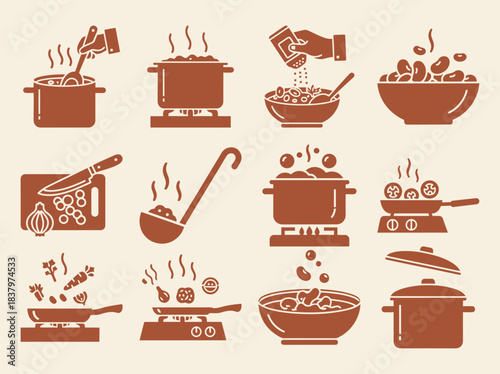 Bean Stew Icons Solid filled icon set of bean stew preparation steps soaking beans chopping vegetables