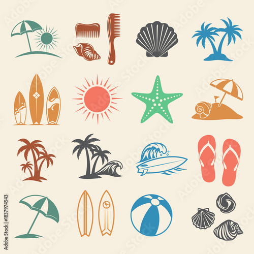 Surf and beach icon set with tropical elements like palm trees waves surfboards and sun color variant