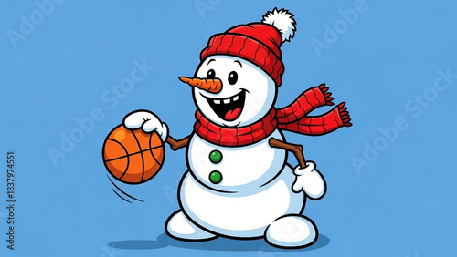 Cartoon snowman wearing red hat and scarf dribbling basketball winter sport