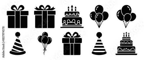 Diverse Icon Collections Solid filled icon set of birthday celebration items gift box cake with candles