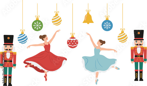 Christmas ballet scene, ballerinas, toy soldiers, festive ornaments, Nutcracker theme, holiday celebration, cad drawing flat vector illustration