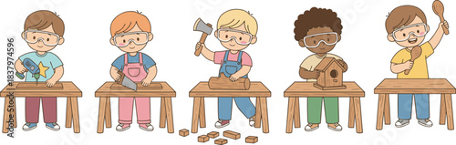 "Diverse group of young children wearing safety goggles, actively engaging in woodworking and carpentry activities, learning valuable skills, building a birdhouse 