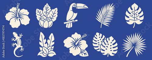 Tropical Flora and Fauna Icons Solid filled icon set of tropical flora and fauna toucan blue background