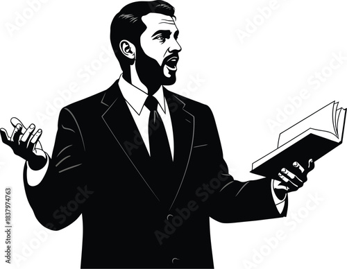 Silhouette of a man speaking passionately while holding an open book