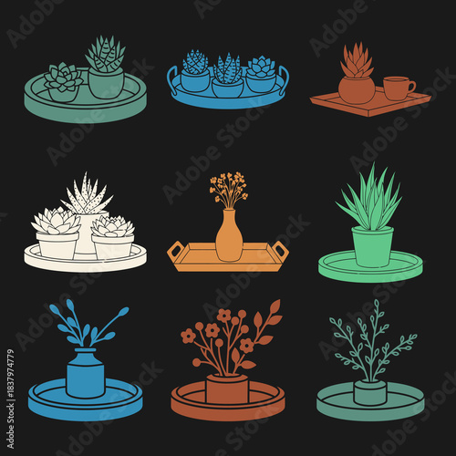 Decorative Tray Icon Set Solid filled icon set of trays with decorative elements candle holder dried flowers