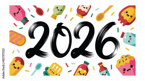 Delicious 2026: An eye-catching illustration combines the year 2026 with an assortment of adorable food items. It invites the viewer into a whimsical world of sweetness and anticipation. 