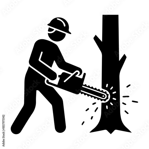 Solid style icon of a man, logger, or arborist wearing a helmet and cutting down a tree with a powerful chainsaw. Represents woodcutting, forestry, and lumberjack work.