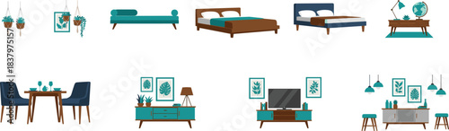 Large Collection of Modern Interior Furniture and Home Decor Elements Vector Set Including Beds, Tables, Cabinets, and Plants in Teal and Brown.