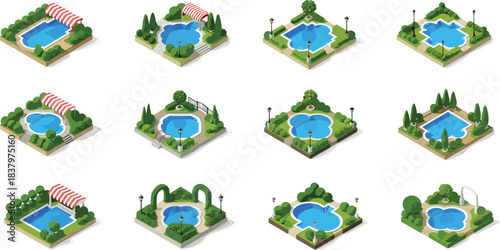 Large Collection of Isometric Swimming Pools and Outdoor Recreational Areas with Landscaping, Trees, Fences, and Garden Hedges Vector Set.