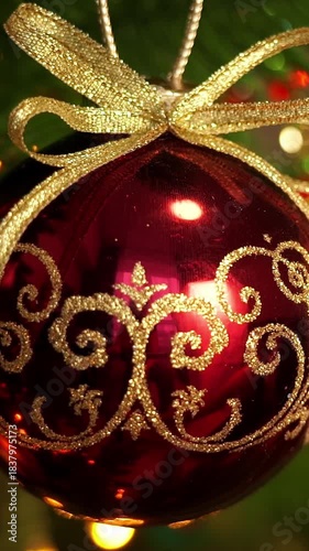 Close up of ball on branch of Christmas tree on background of shining lights of golden garland. Christmas decoration. Vertical shot