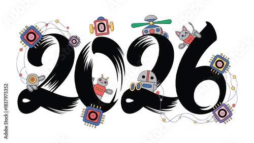 Anticipating 2026: A playful and futuristic graphic illustrates the upcoming year with creative flair, incorporating charming robots and a whimsical style.