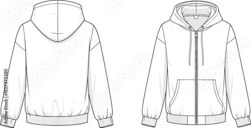 Oversized Zip-Up Hoodie Technical Fashion Illustration Flat Sketch Vector Template with Kangaroo Pockets, Drawstring Hood, and Elastic Hem.