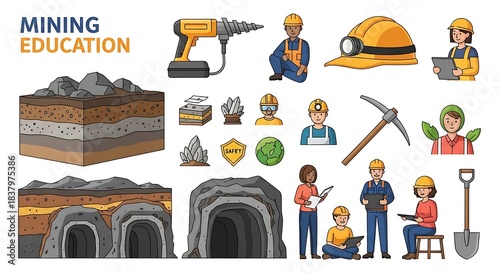 Mining Education Set Vector Illustration Mining Industry Tools and People.