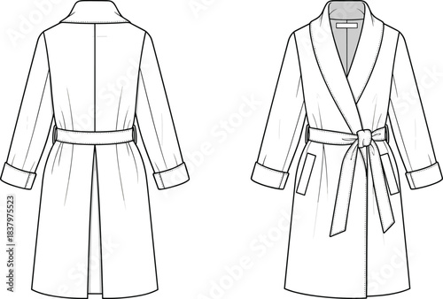 Robe Coat Technical Fashion Illustration Flat Sketch Vector Template with Wide Shawl Collar, Tie Belt, and Three Quarter Cuffed Sleeves.