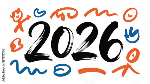 2026 Typography Design: Bold, artistic representation of the year 2026. A visually striking design with brush strokes and playful illustrations against a clean backdrop.  