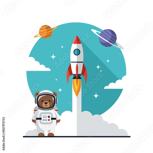 Cute bear astronaut stands next to a launching rocket in space adventure.