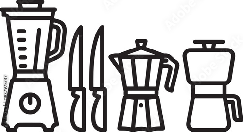 Black line art icons of kitchen appliances and utensils on white background blender knife