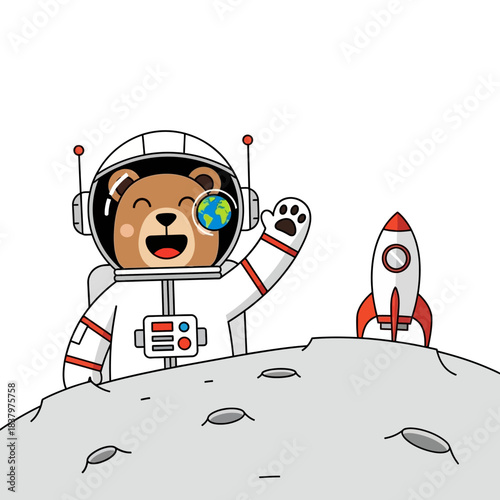 Cute Bear Astronaut Waving on Moon with Rocket.